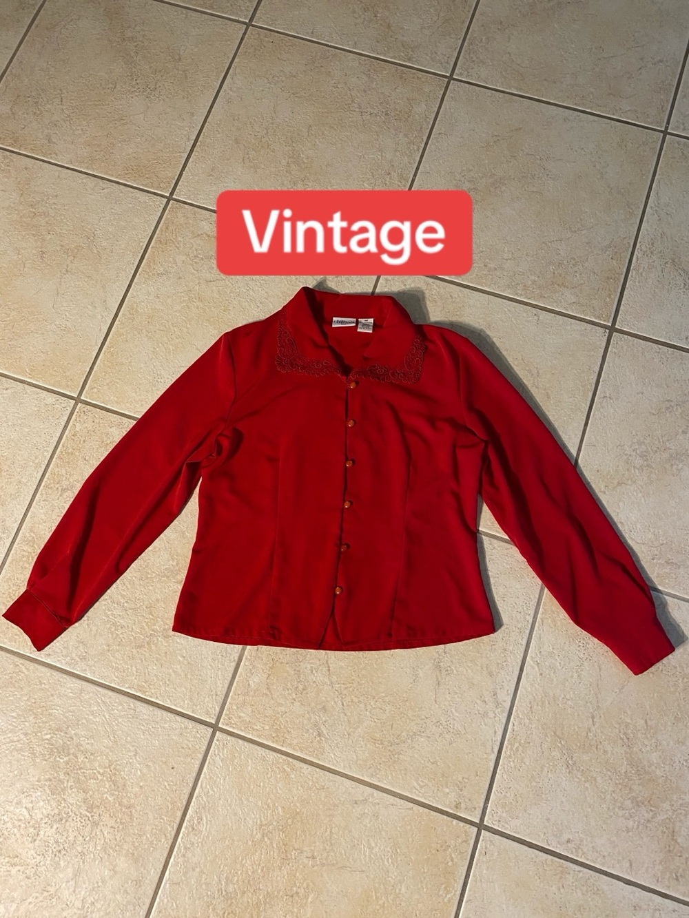 Vintage Susan Bristol Red Long-Sleeve Button Blouse with Lace Collar